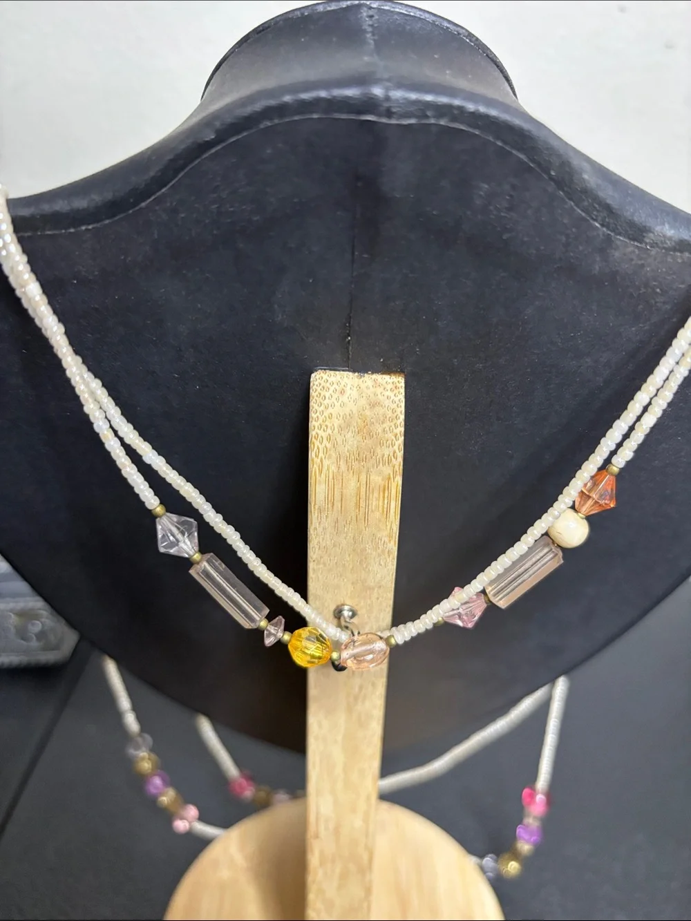 Cream Multicolor Beaded Layered Long Necklace Glass Acrylic Boho Beach